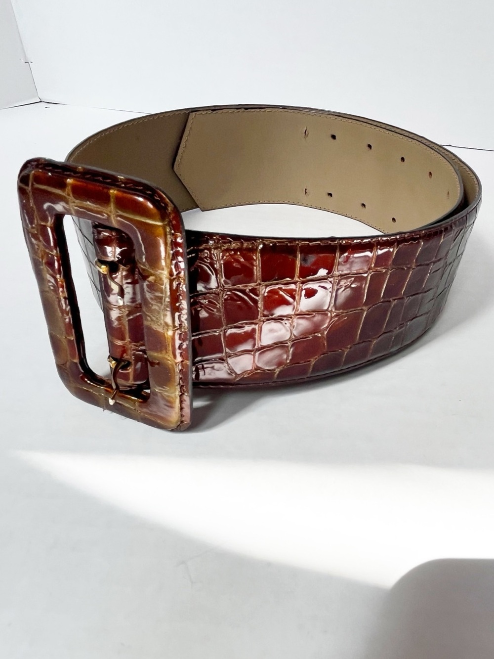 Valentino Miss V Wide Patent Alligator Embossed Leather Belt Brown Sz Medium
